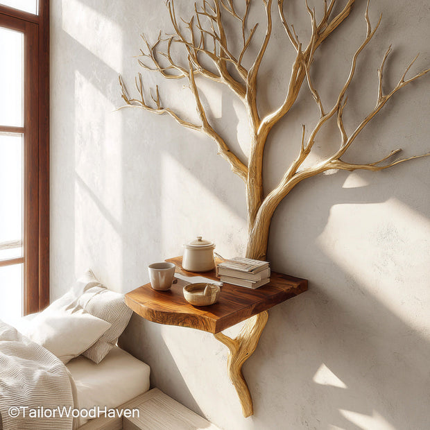 Small Wall Mounted Side Table handcrafted in hardwood with compact dimensions and wall support, great for tight spaces or minimalist interiors