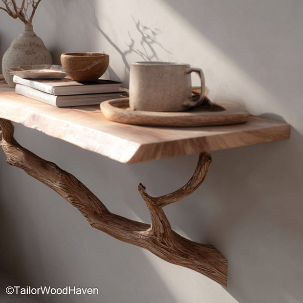 Wall Mounted Bedside Storage handcrafted from hardwood with a warm tone and floating design, perfect for organizing books, chargers, and essentials