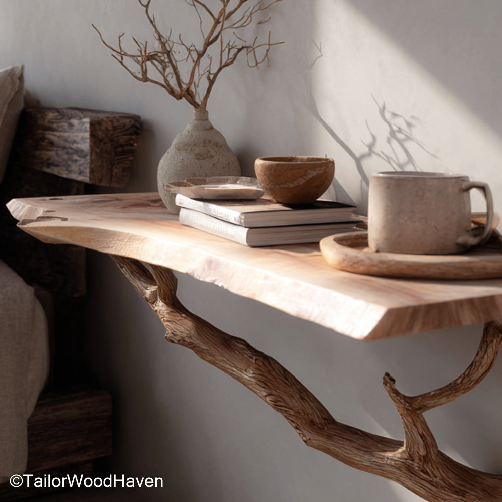 Wall Mounted Bedside Storage handcrafted from hardwood with a warm tone and floating design, perfect for organizing books, chargers, and essentials
