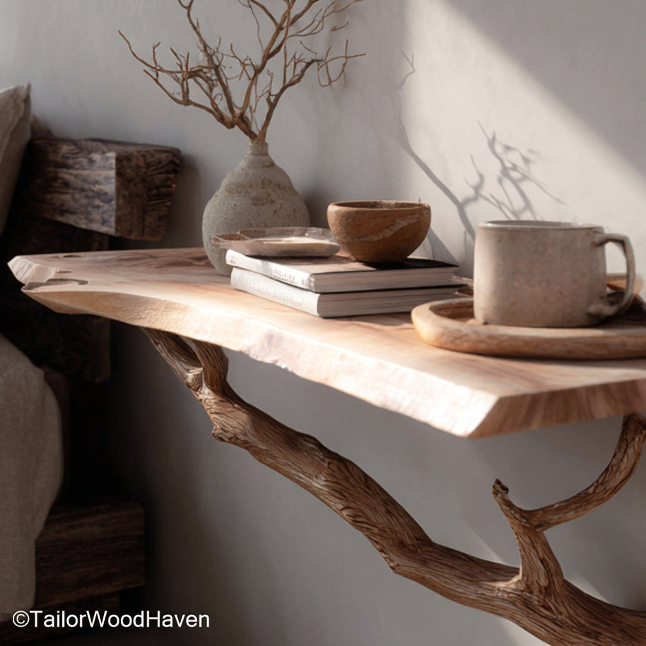 Wall Mounted Bedside Storage handcrafted from hardwood with a warm tone and floating design, perfect for organizing books, chargers, and essentials