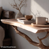 Wall Mounted Bedside Storage handcrafted from hardwood with a warm tone and floating design, perfect for organizing books, chargers, and essentials