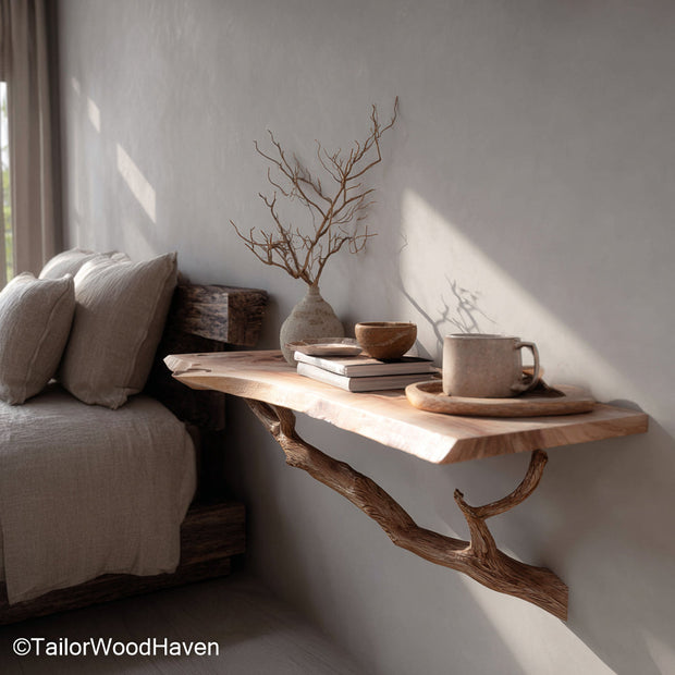 Wall Mounted Bedside Storage handcrafted from hardwood with a warm tone and floating design, perfect for organizing books, chargers, and essentials