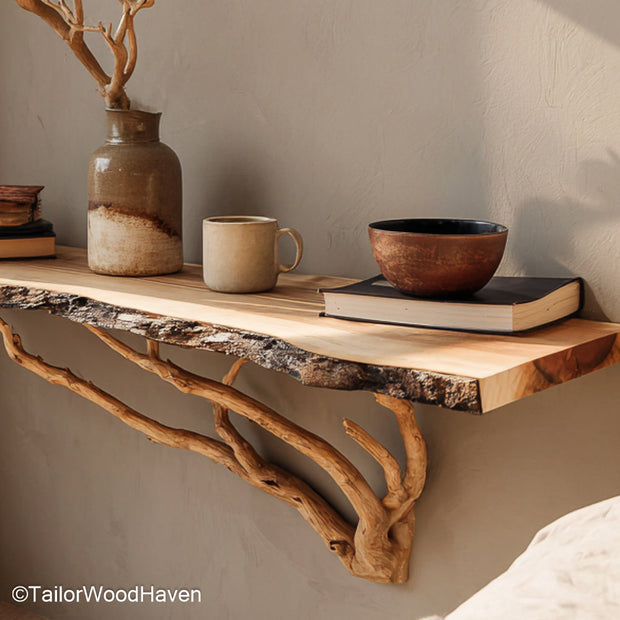 Wall Night Table designed with a natural hardwood surface and clean floating edges, perfect for rustic or contemporary bedroom wall setups