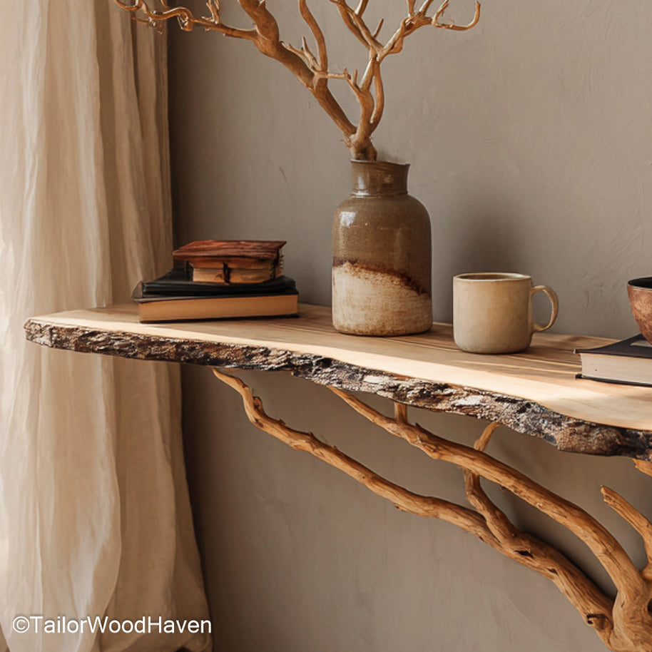 Wall Night Table designed with a natural hardwood surface and clean floating edges, perfect for rustic or contemporary bedroom wall setups