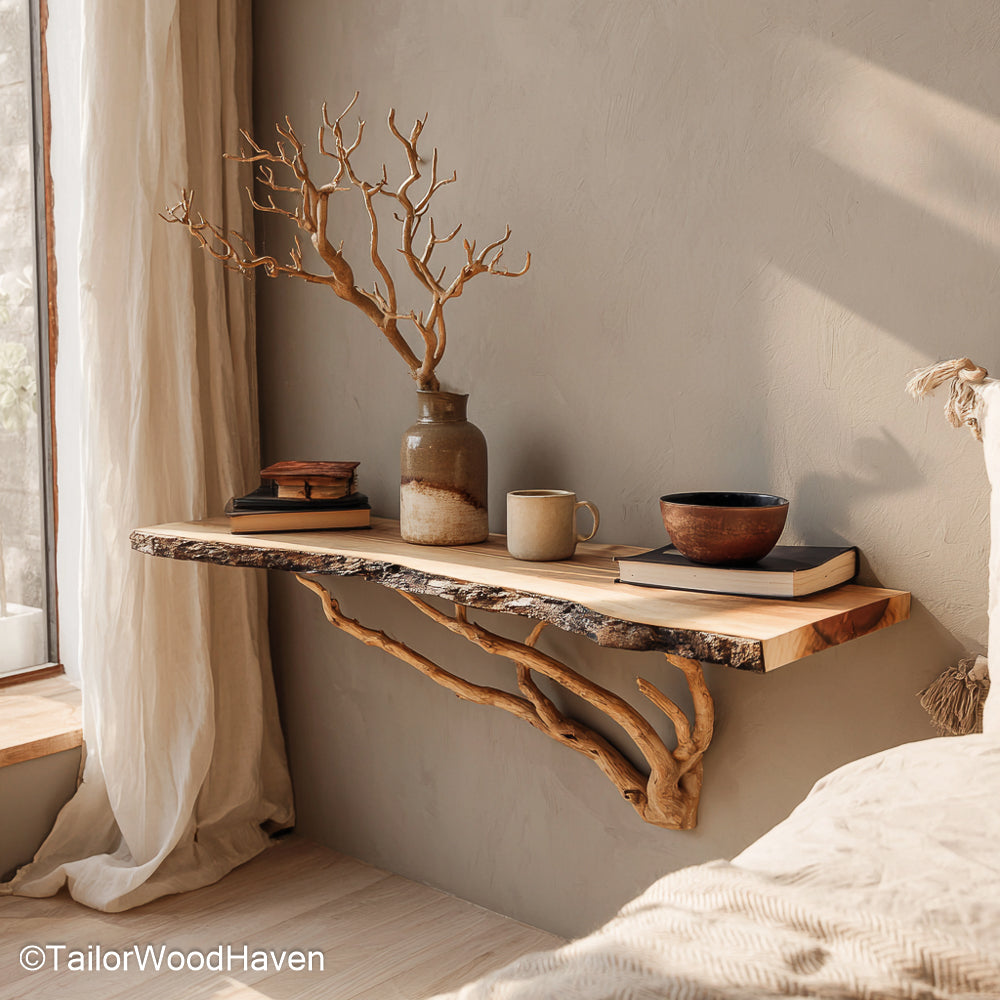 Wall Night Table designed with a natural hardwood surface and clean floating edges, perfect for rustic or contemporary bedroom wall setups