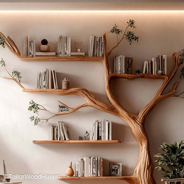 Tree Shelf Bookcase Vertical Wooden Shelf Bookcase Sculpted in a Tree Form for Artistic and Nature Inspired Storage