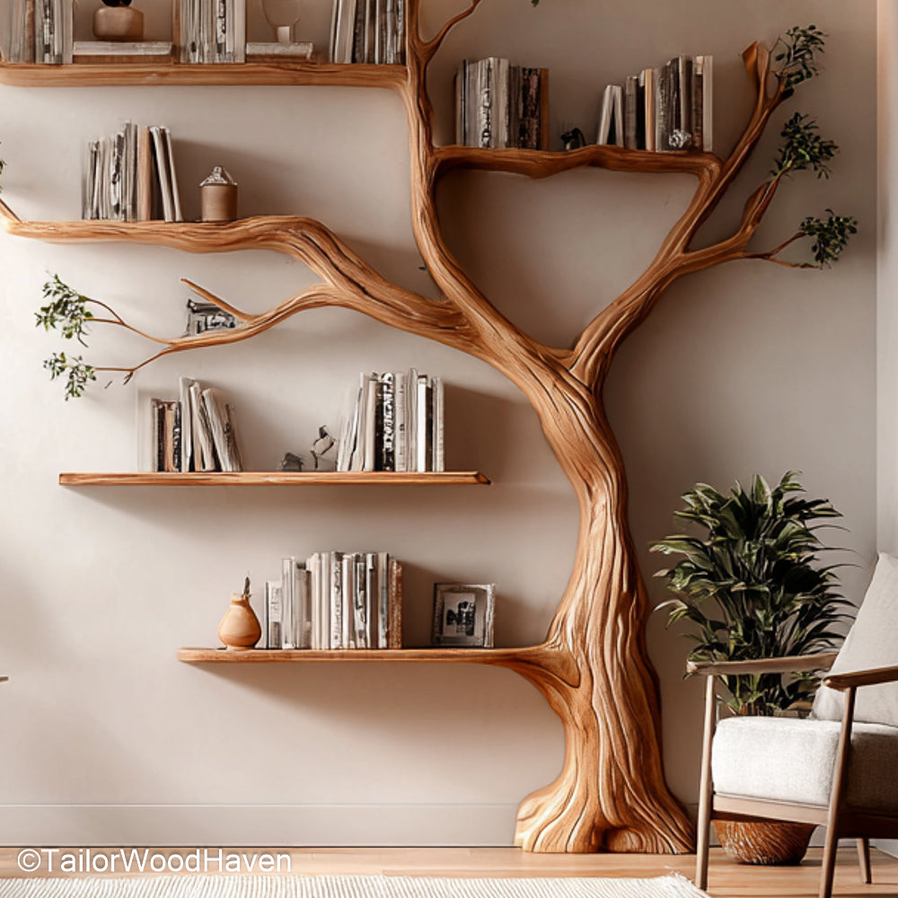 Tree Shelf Bookcase Vertical Wooden Shelf Bookcase Sculpted in a Tree Form for Artistic and Nature Inspired Storage