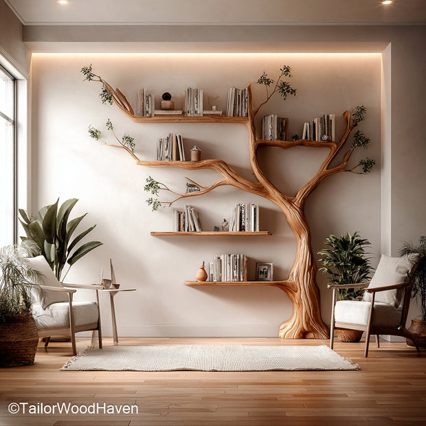Tree Shelf Bookcase Vertical Wooden Shelf Bookcase Sculpted in a Tree Form for Artistic and Nature Inspired Storage