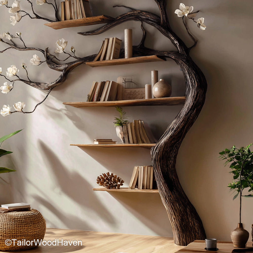 Solid Wood Tree Bookshelf Heavy Duty Wooden Bookcase Designed in Tree Form for Rustic and Long Lasting Home Decor