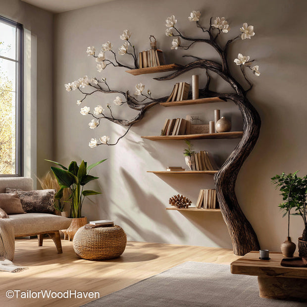 Solid Wood Tree Bookshelf Heavy Duty Wooden Bookcase Designed in Tree Form for Rustic and Long Lasting Home Decor