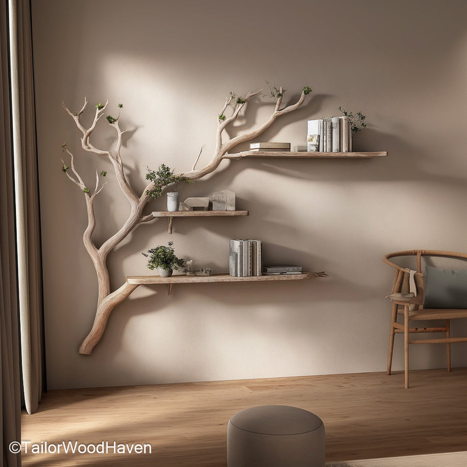 Decorative Tree Branch with Shelves Floating Wooden Wall Bookshelf in Organic Tree Branch Design