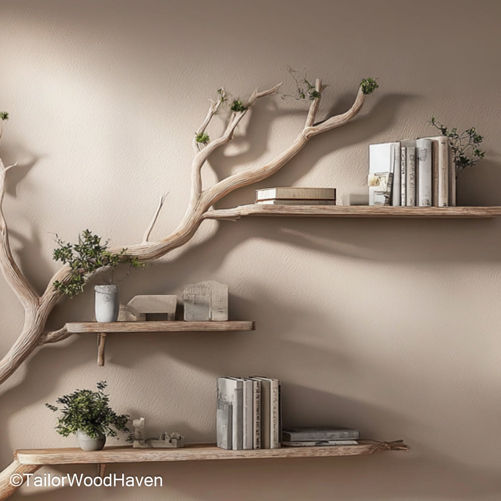 Decorative Tree Branch with Shelves Floating Wooden Wall Bookshelf in Organic Tree Branch Design