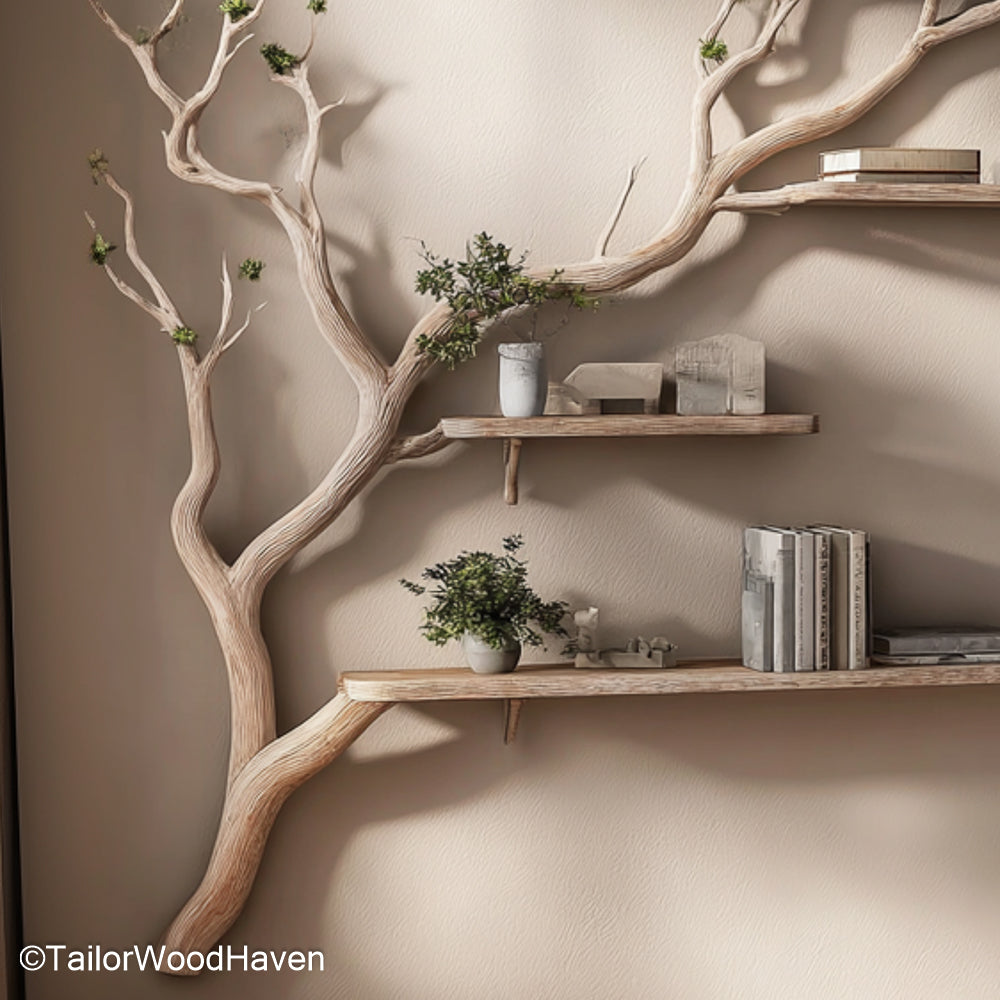 Decorative Tree Branch with Shelves Floating Wooden Wall Bookshelf in Organic Tree Branch Design