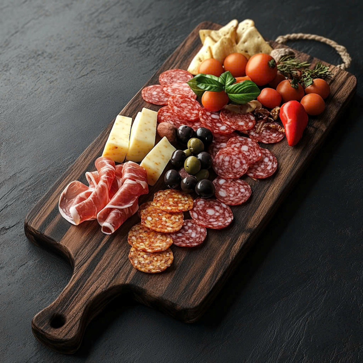 Rustic wood charcuterie board served with cured meats, cheese and olives