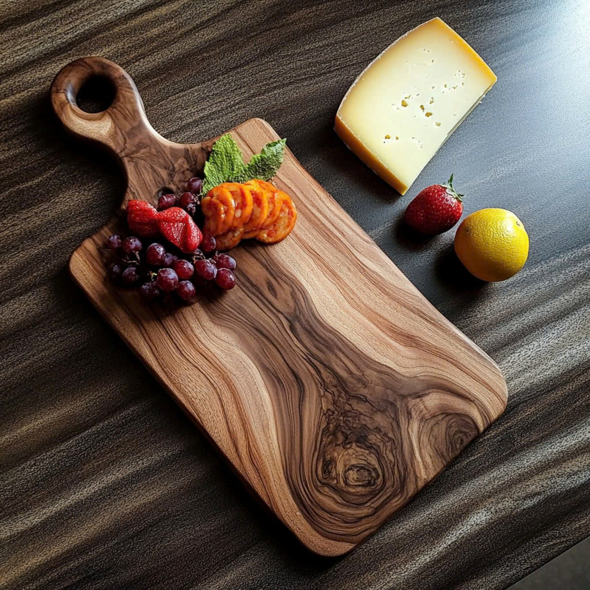 Live edge charcuterie board with a handle, served with grapes, cheese and fruit